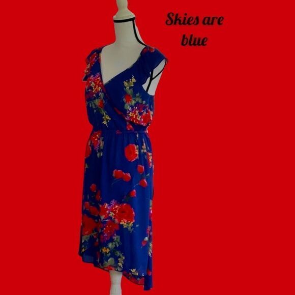 SKIES ARE BLUE NWT DRESS FLORAL PRINT WRAP RUFFLED SPAGHETTI STRAPS SMALL COBALT - Picture 10 of 13